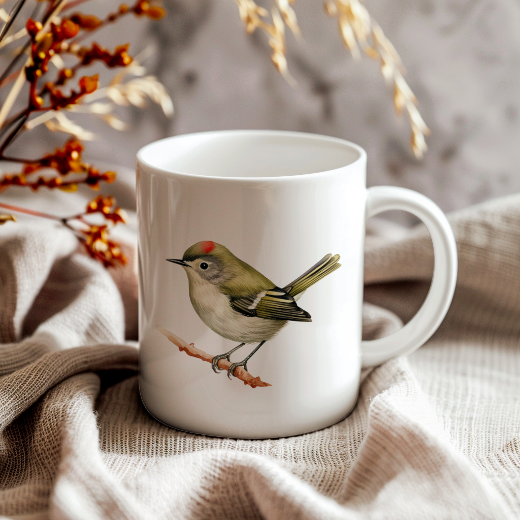 Bird Watching Mug, Ruby Crowned Kinglet Song Bird Mug, 11oz or 15oz White Ceramic Coffee Mug Gift for Bird Watchers