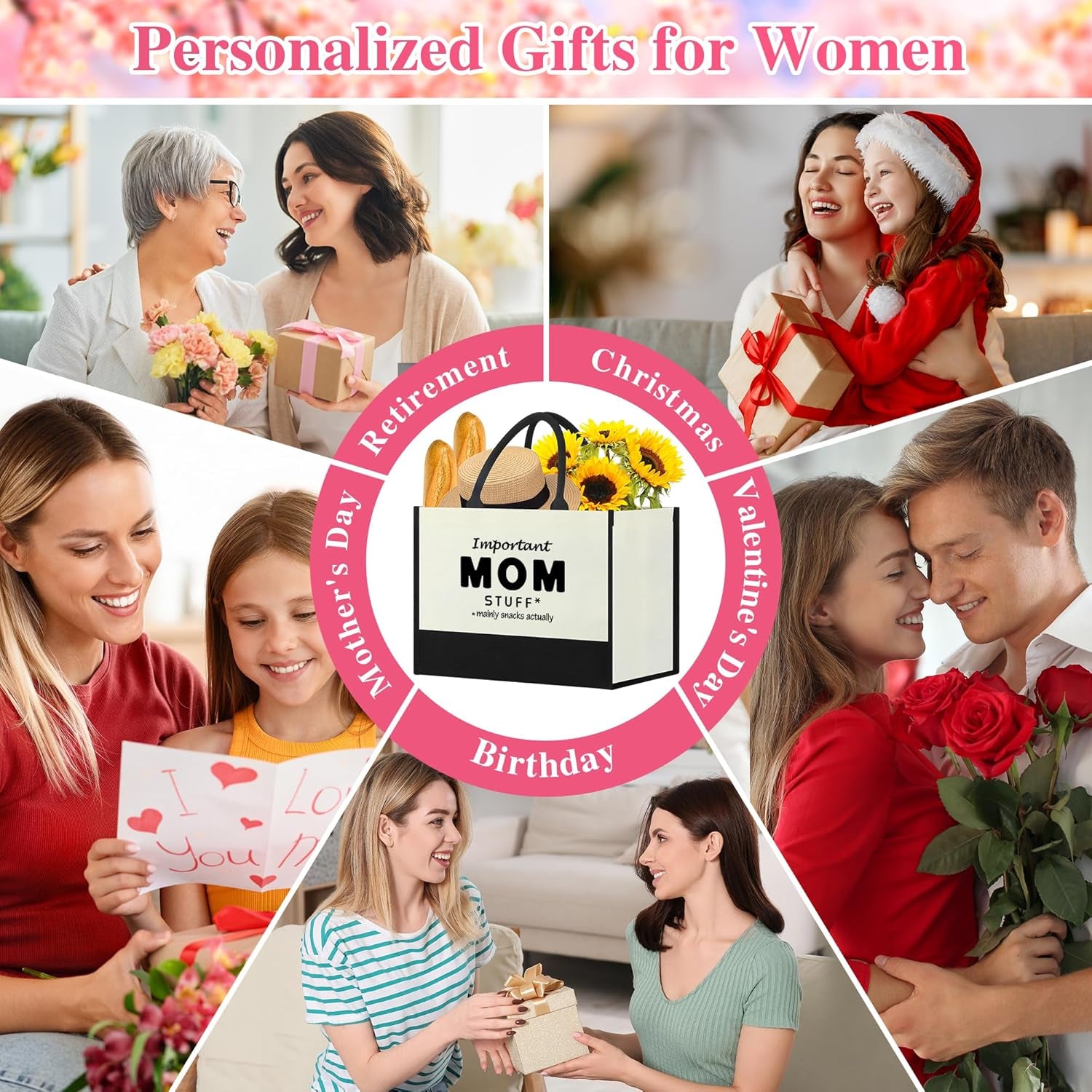 Mom Gifts for Mothers Day,Birthday Gift from Daughter Son for Mom,Personalized Canvas Tote Bag,Best Mom Ever Gifts,Funny Shopping Bag Travel Bag Present for Mom Bonus Mom New Mom Step Mom