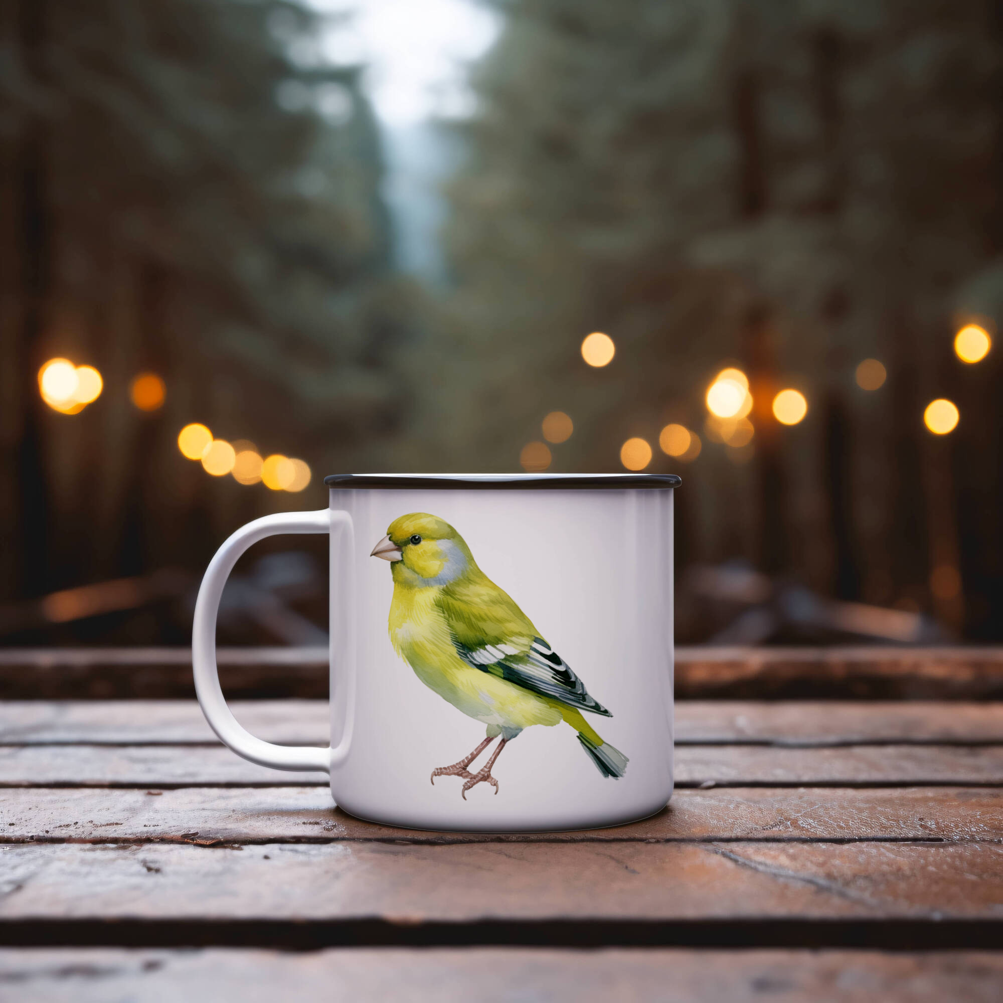 Bird Watching Mug, European Greenfinch Song Bird Camping Mug, 12oz Camping Mug, White Stainless Steel Cup with Handle