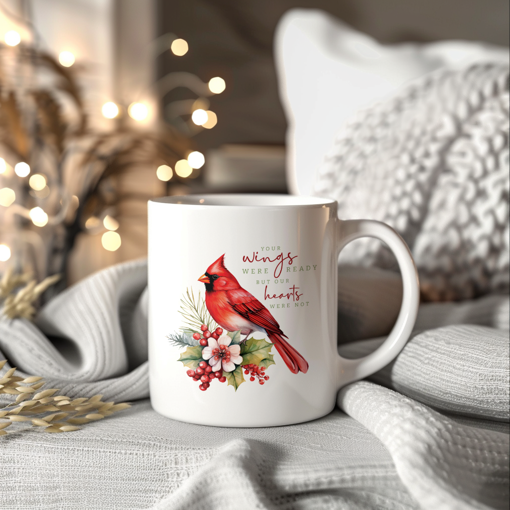 Red Cardinal Mug – Northern Red Cardinal Christmas Mug with Heartfelt Message, 11oz or 15oz White Ceramic Coffee Cup
