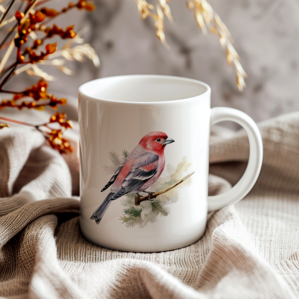 Bird Watching Mug, Pine Grosbeak Song Bird Mug, 11oz or 15oz White Ceramic Coffee Mug Gift for Bird Watchers