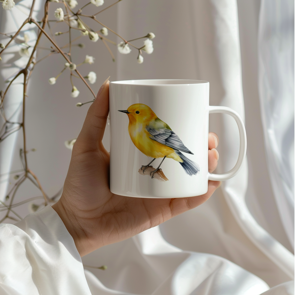 Bird Watching Mug, Prothonotary Warbler Song Bird Mug, 11oz or 15oz White Ceramic Coffee Mug Gift for Bird Watchers