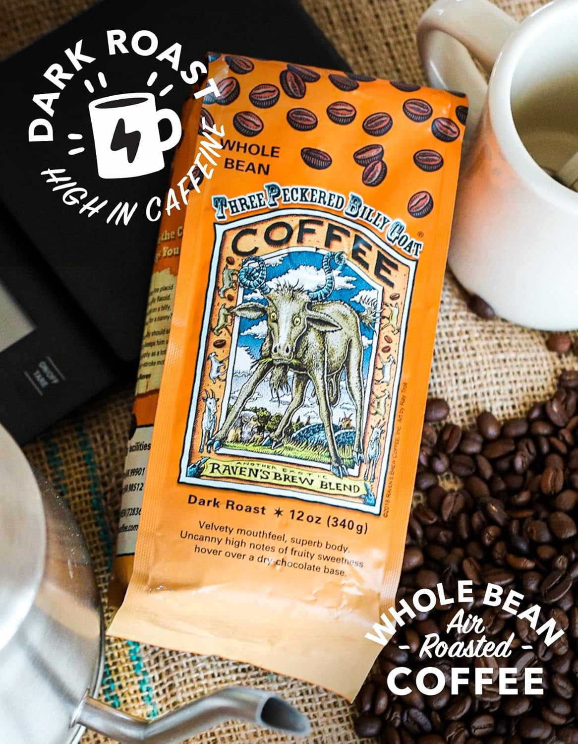 Three Peckered Billy Goat Dark Roast Coffee - 12 Oz Whole Bean - Bold Flavor with a Sweet Finish