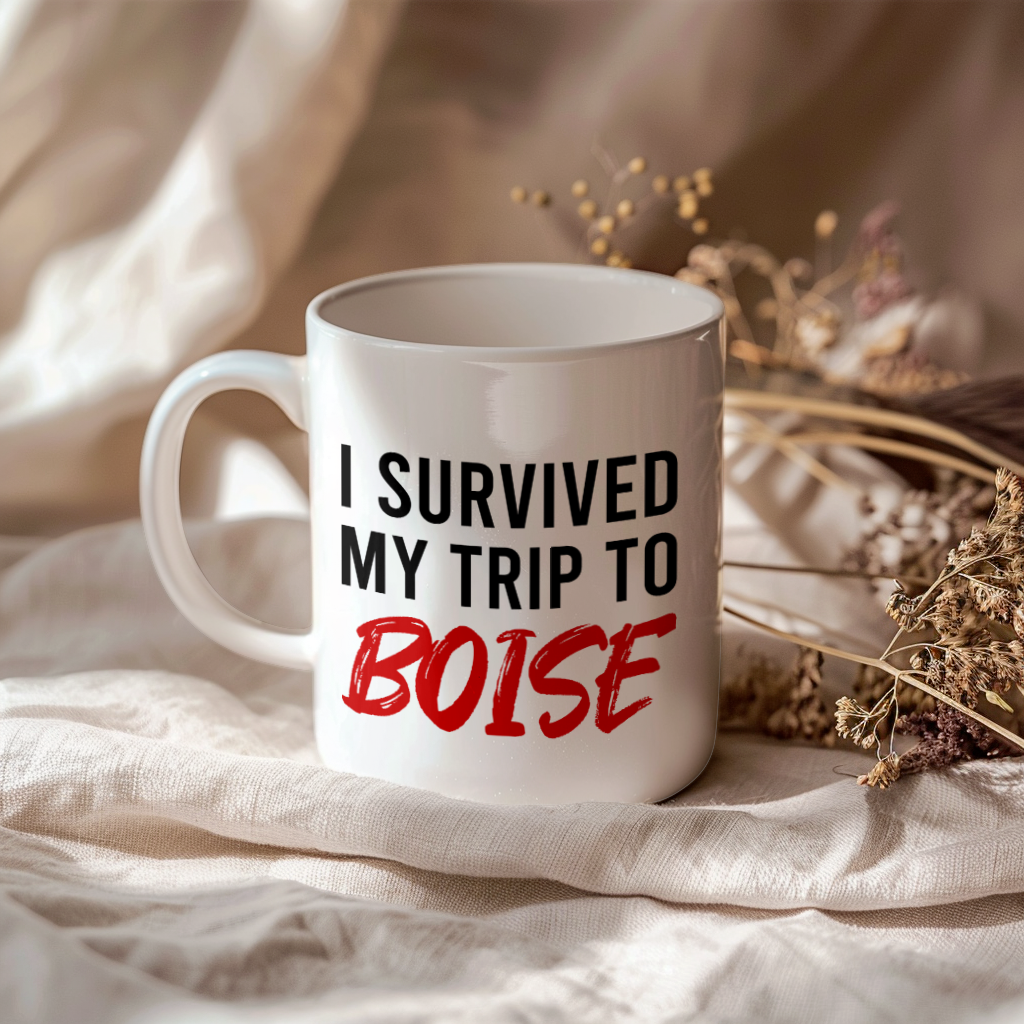 Funny Travel Mug – I Survived My Trip to Boise, 11oz or 15oz White Ceramic Coffee Mug, Novelty Travel Gift