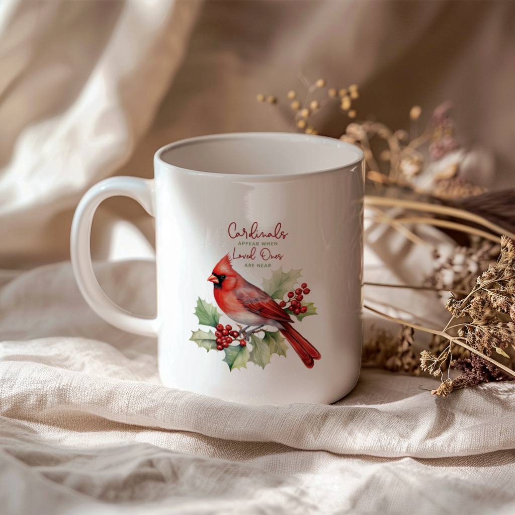 Red Cardinal Mug – Northern Red Cardinal Christmas Mug with Heartfelt Message, 11oz or 15oz White Ceramic Coffee Cup