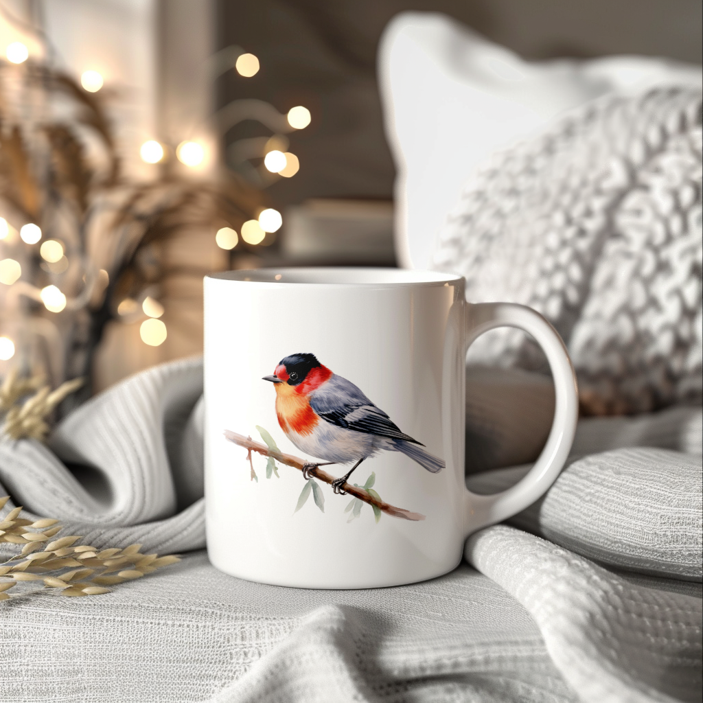 Bird Watching Mug, Red Faced Warbler Song Bird Mug, 11oz or 15oz White Ceramic Coffee Mug Gift for Bird Watchers
