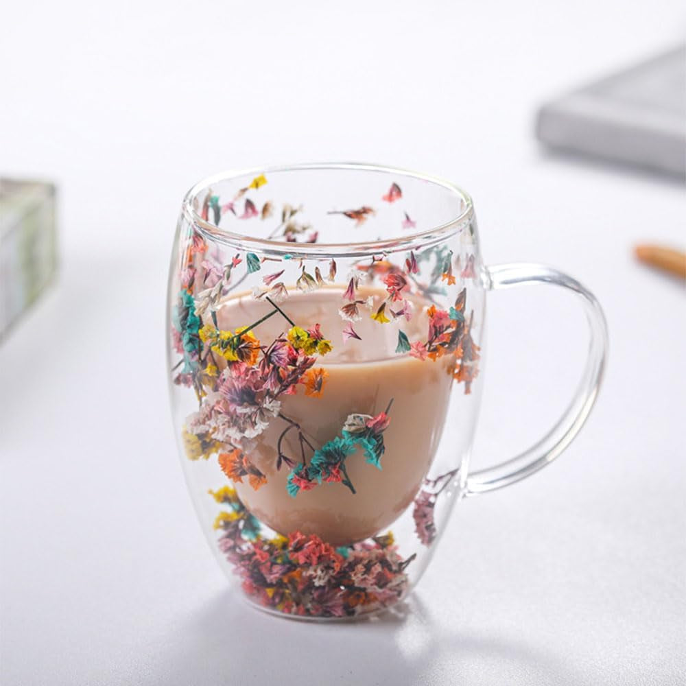 Pressed Flower Double Wall Glass Coffee Mug – Insulated Floral Tea & Coffee Cup with Handle