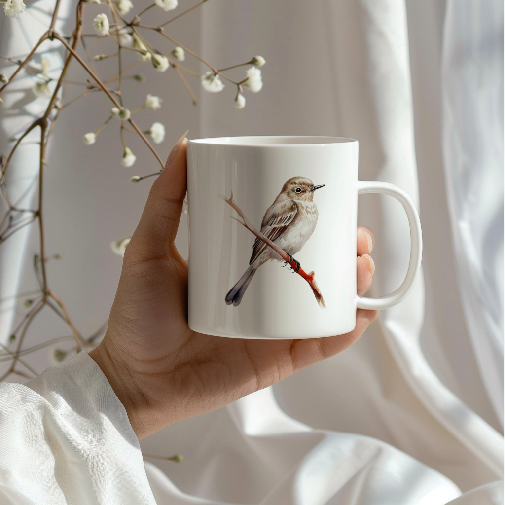 Bird Watching Mug, Spotted Flycatcher Song Bird Mug, 11oz or 15oz White Ceramic Coffee Mug Gift for Bird Watchers
