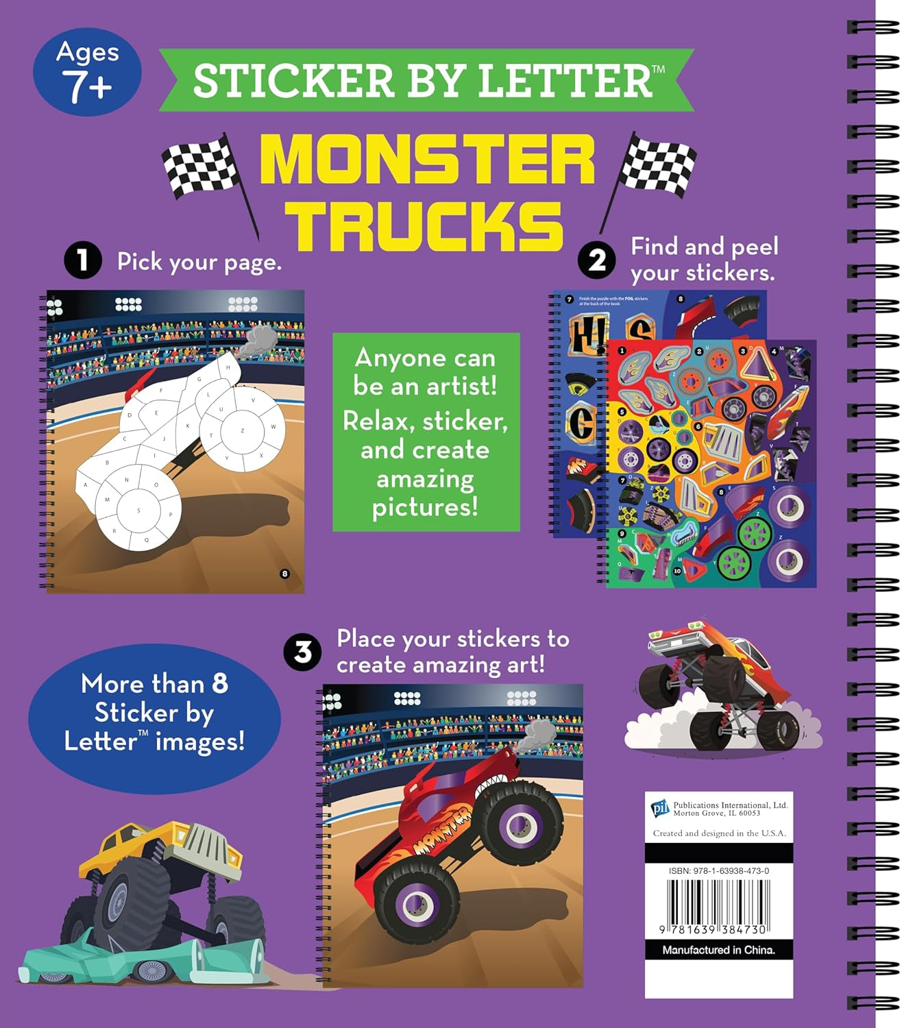 Brain Games - Sticker by Letter: Monster Trucks: Includes 1 Foil Sticker Sheet to Complete Each Image!