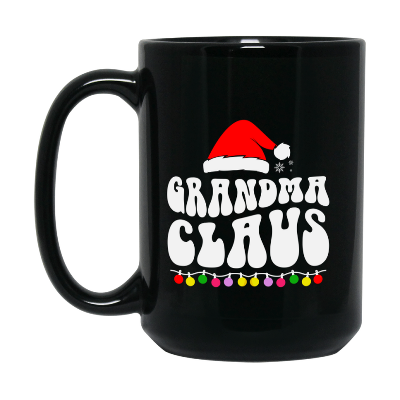 Christmas Mug for Grandma Claus – Cute Holiday 11oz or 15oz Black Ceramic Coffee Mug, Gift for Grandma Claus, Family Cup