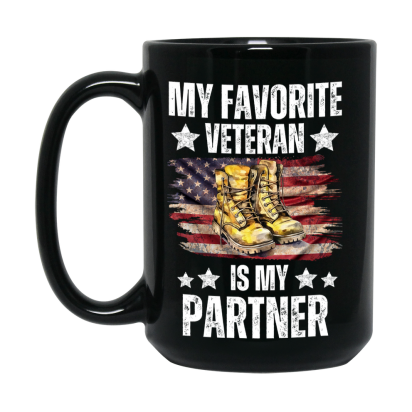 Veteran Gift Mug, My Favorite Veteran Is My Partner, 11oz or 15oz Black Ceramic Coffee Cup Gift for Partner