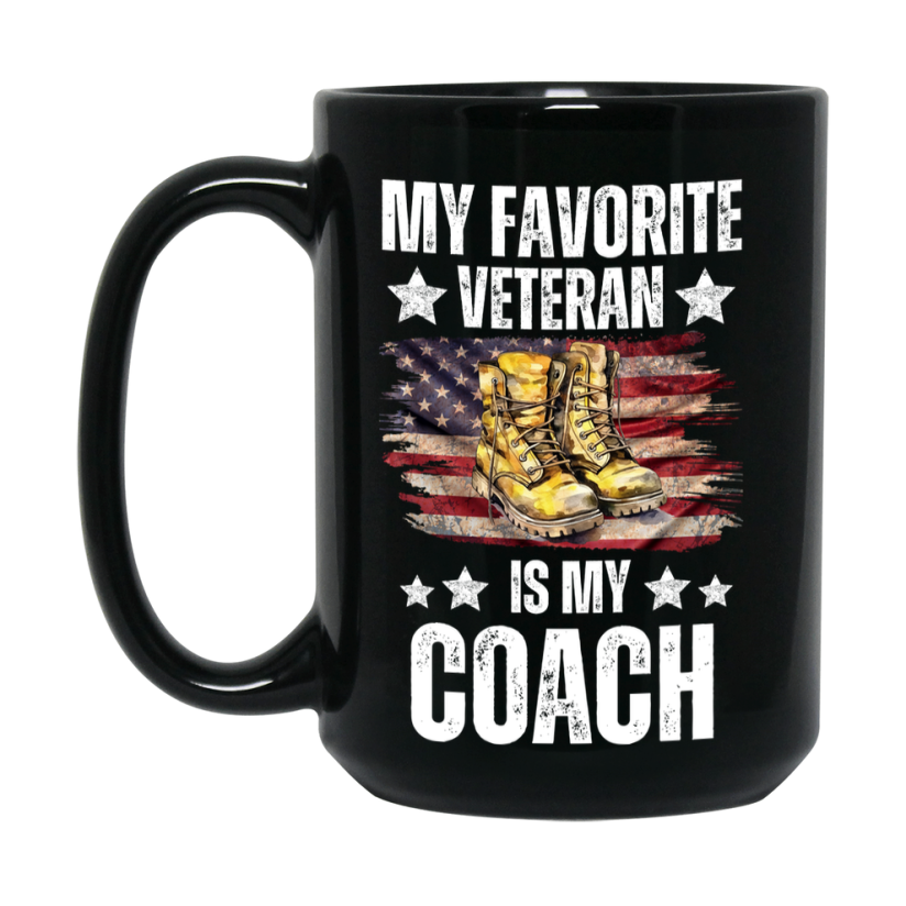 Veteran Gift Mug, My Favorite Veteran Is My Coach, 11oz or 15oz Black Ceramic Coffee Cup Gift for Coach