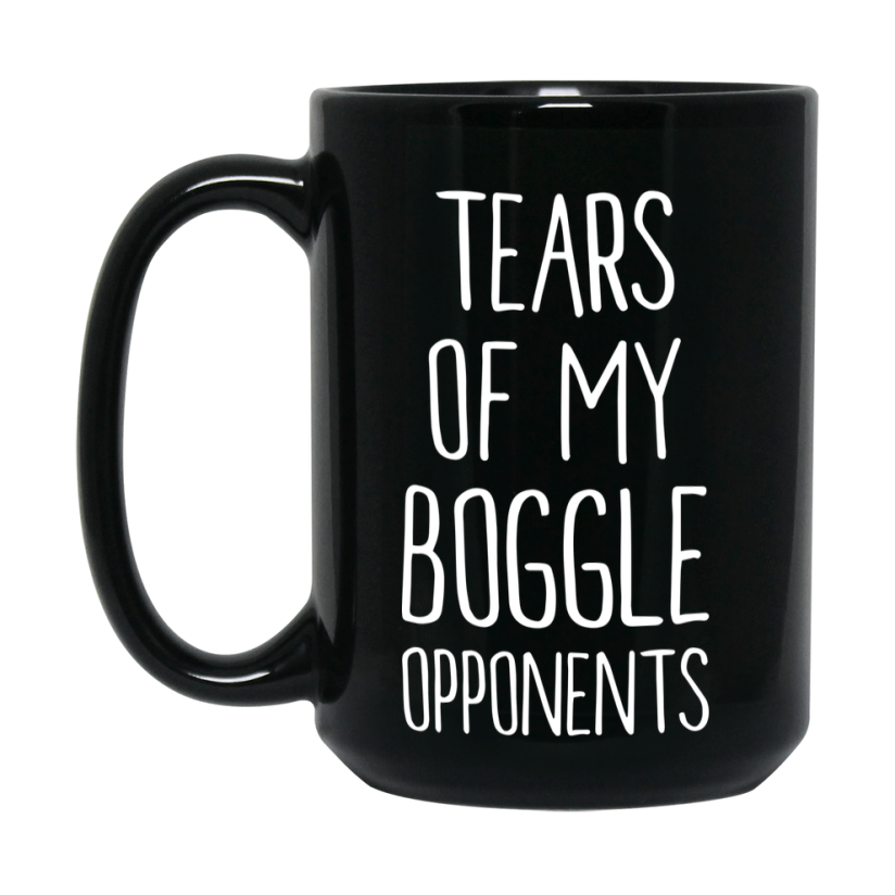 Funny Board Game Mug, Tears Of My Boggle Opponents, 11oz or 15oz Black Ceramic Coffee Cup Gift for Boggle Players