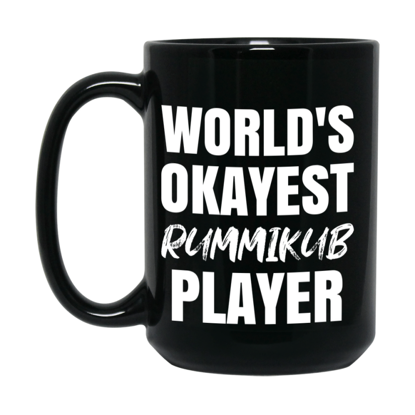 Funny Board Game Gifts, World's Okayest Rummikub Player, 11oz or 15oz Black Ceramic Coffee Cup, Gift for Rummikub Players