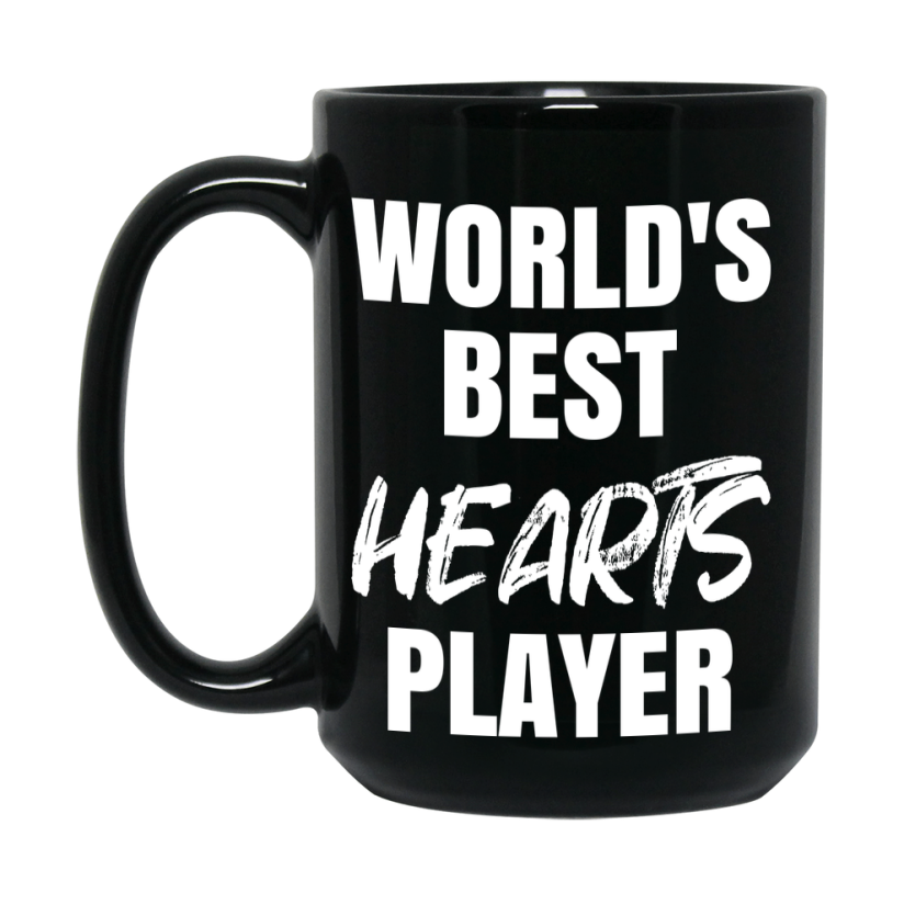 World's Best Hearts Player Mug, Funny Card Game Player Gift, 11Oz Or 15Oz Black Ceramic Mug