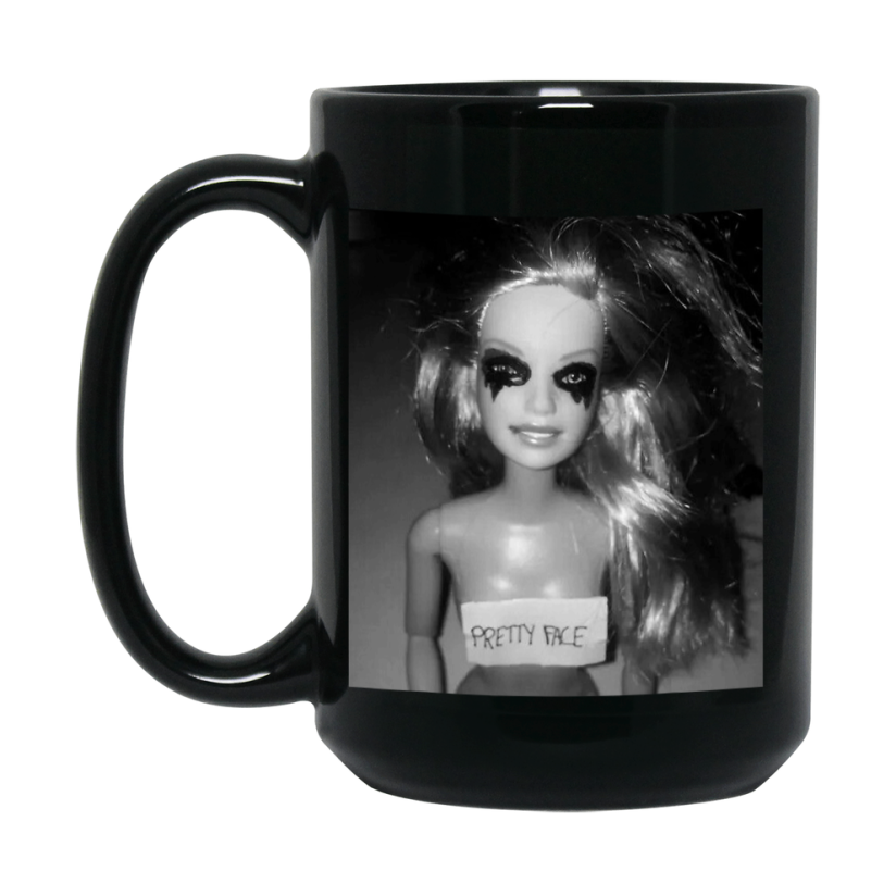 Disgusted Doll Face Mug, Black Ceramic Funny Doll Face Meme Coffee Mug