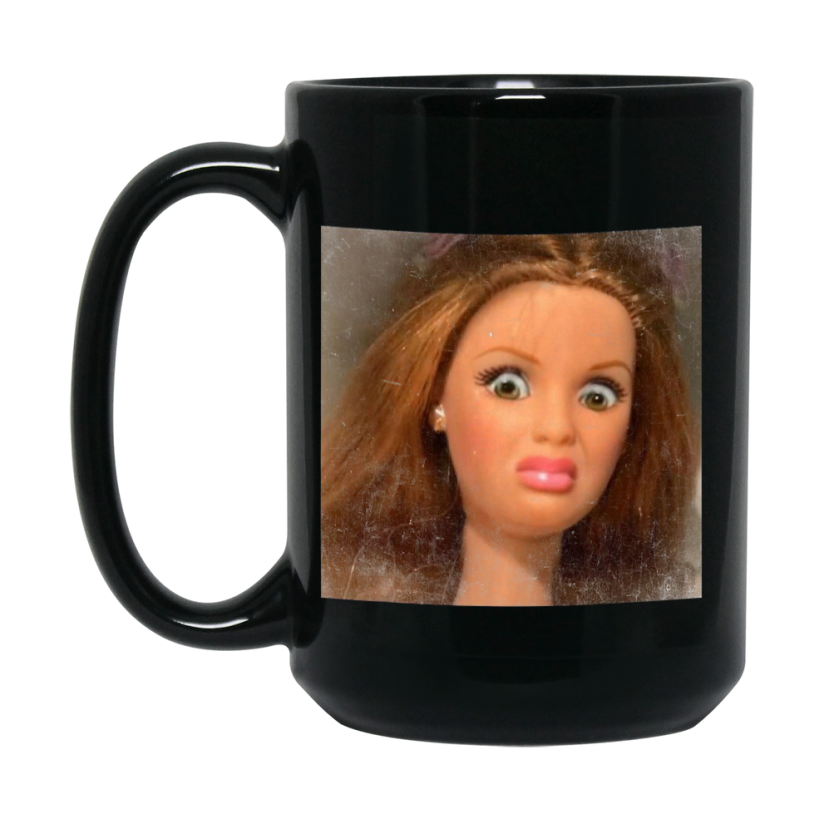 Disgusted Doll Face Mug, Black Ceramic Funny Doll Face Meme Coffee Mug