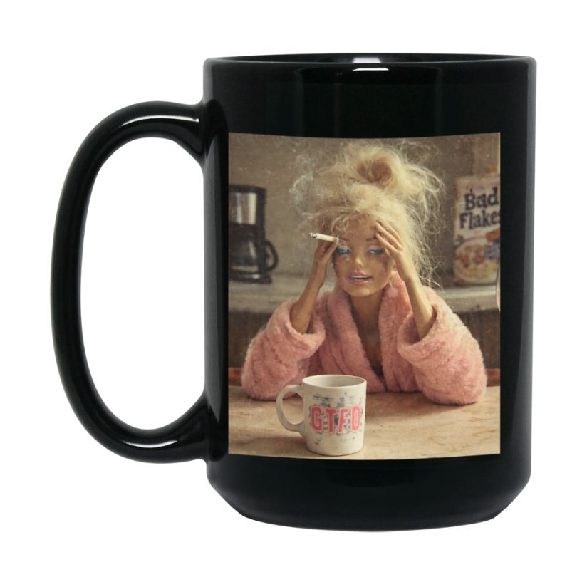 Disgusted Doll Face Mug, Black Ceramic Funny Doll Face Meme Coffee Mug