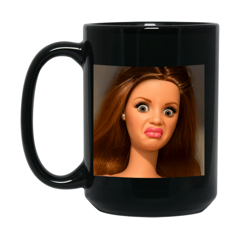 Disgusted Doll Face Mug, Black Ceramic Funny Doll Face Meme Coffee Mug
