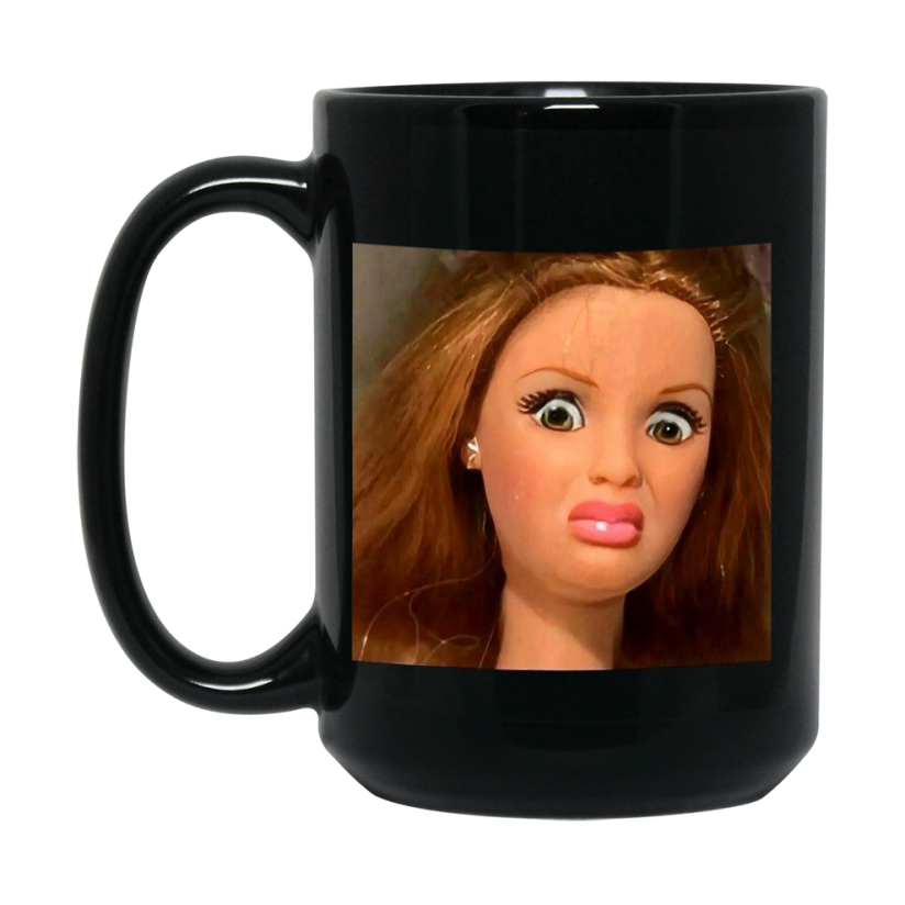 Disgusted Doll Face Mug, Black Ceramic Funny Doll Face Meme Coffee Mug