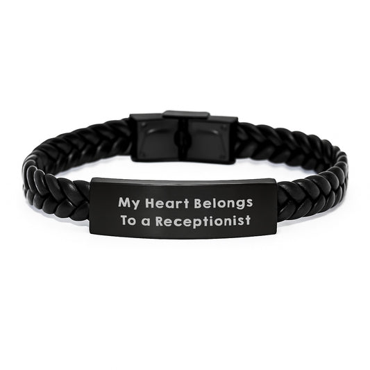Funny Receptionist Gifts, My Heart Belongs To A Receptionist Interlaced Leather Bracelet, Gifts from Men to Receptionist, Graduation Unique Gifts - Image 1
