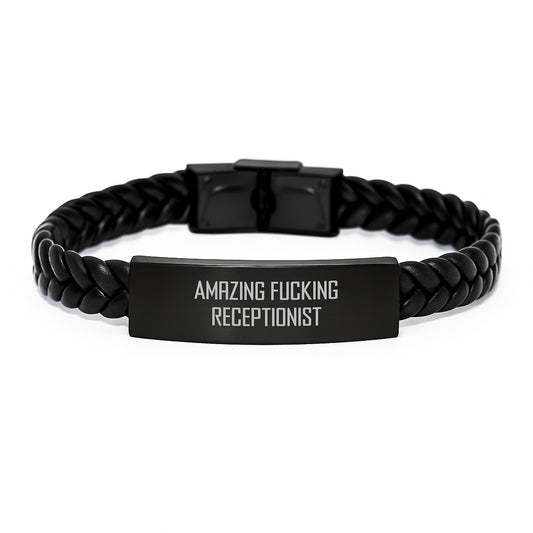Funny Receptionist Gifts from Men to Amazing Receptionists, Interlaced Leather Bracelet for Graduation, 'Amazing F--king Receptionist' Quote - Image 1