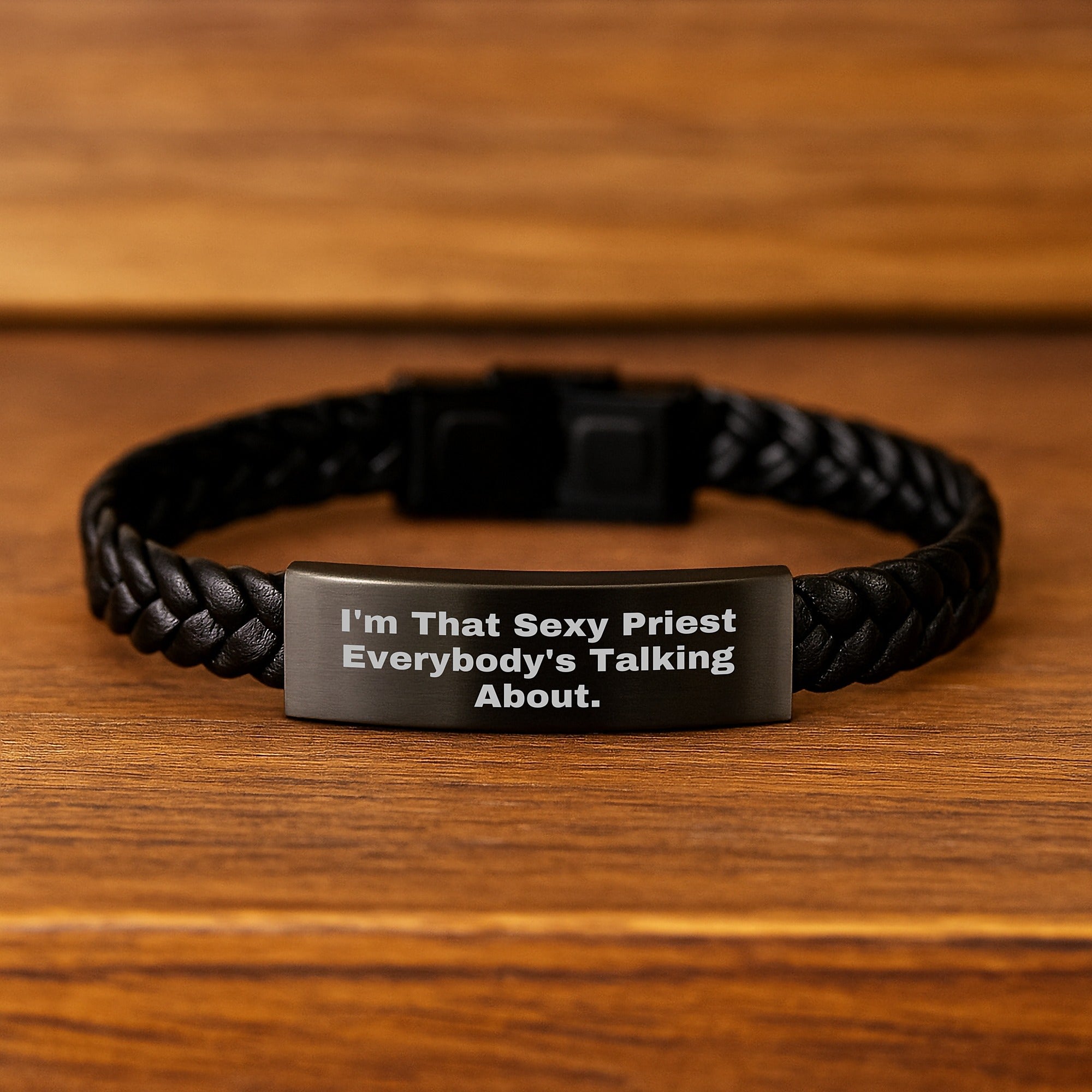 Funny Priest Gifts, Sexy Christmas Unique Gifts for Men - 'I'm That Sexy Priest Everybody's Talking About' Interlaced Leather Bracelet - Image 2