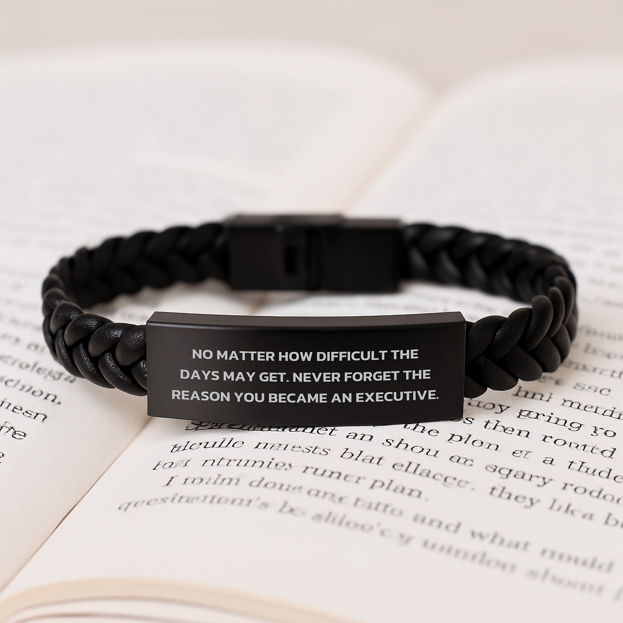 Executive Inspirational Gifts from Friends for Birthday - Interlaced Leather Bracelet, 'Never Forget The Reason You Became An Executive.', Stainless Steel and PU Leather - Image 3