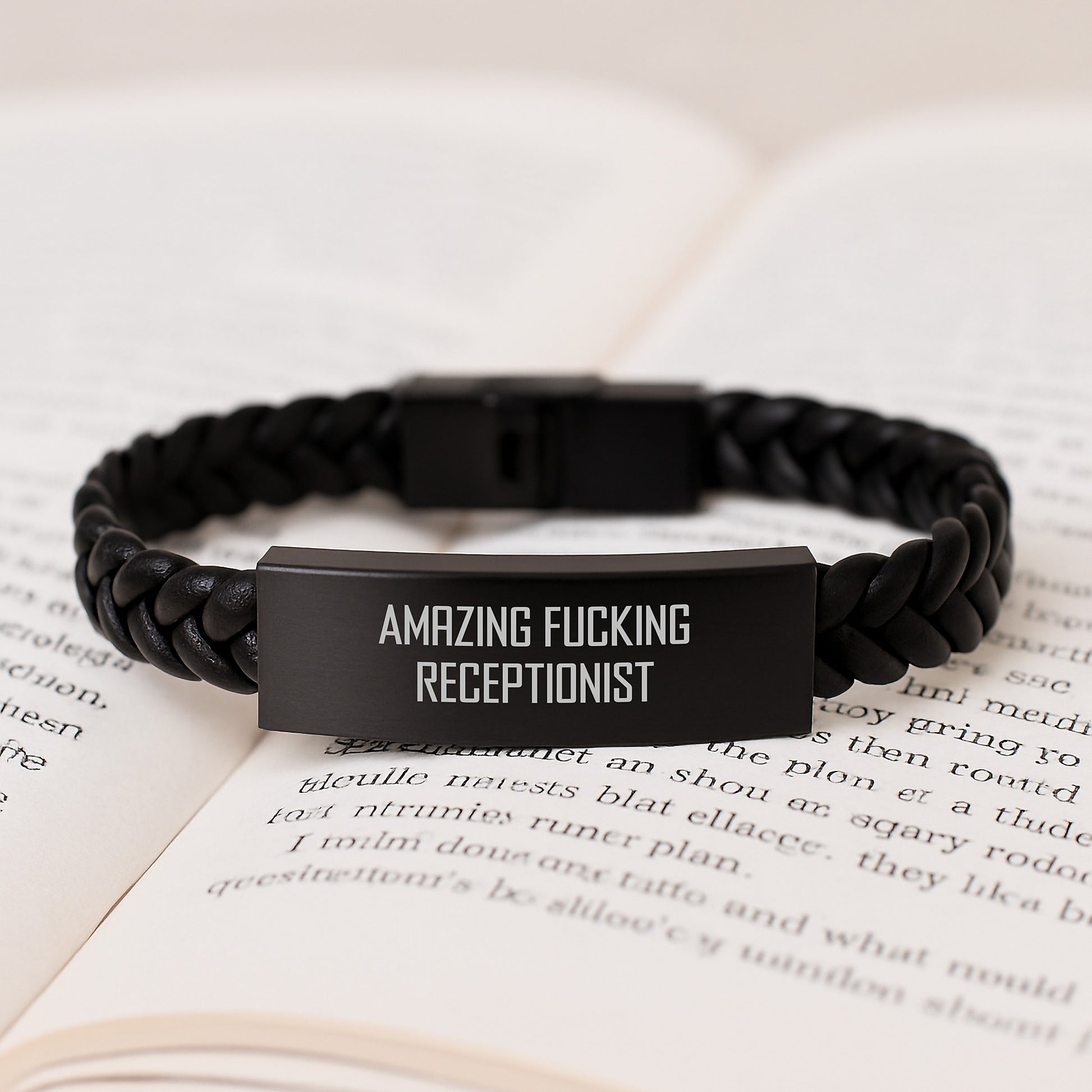 Funny Receptionist Gifts from Men to Amazing Receptionists, Interlaced Leather Bracelet for Graduation, 'Amazing F--king Receptionist' Quote - Image 3