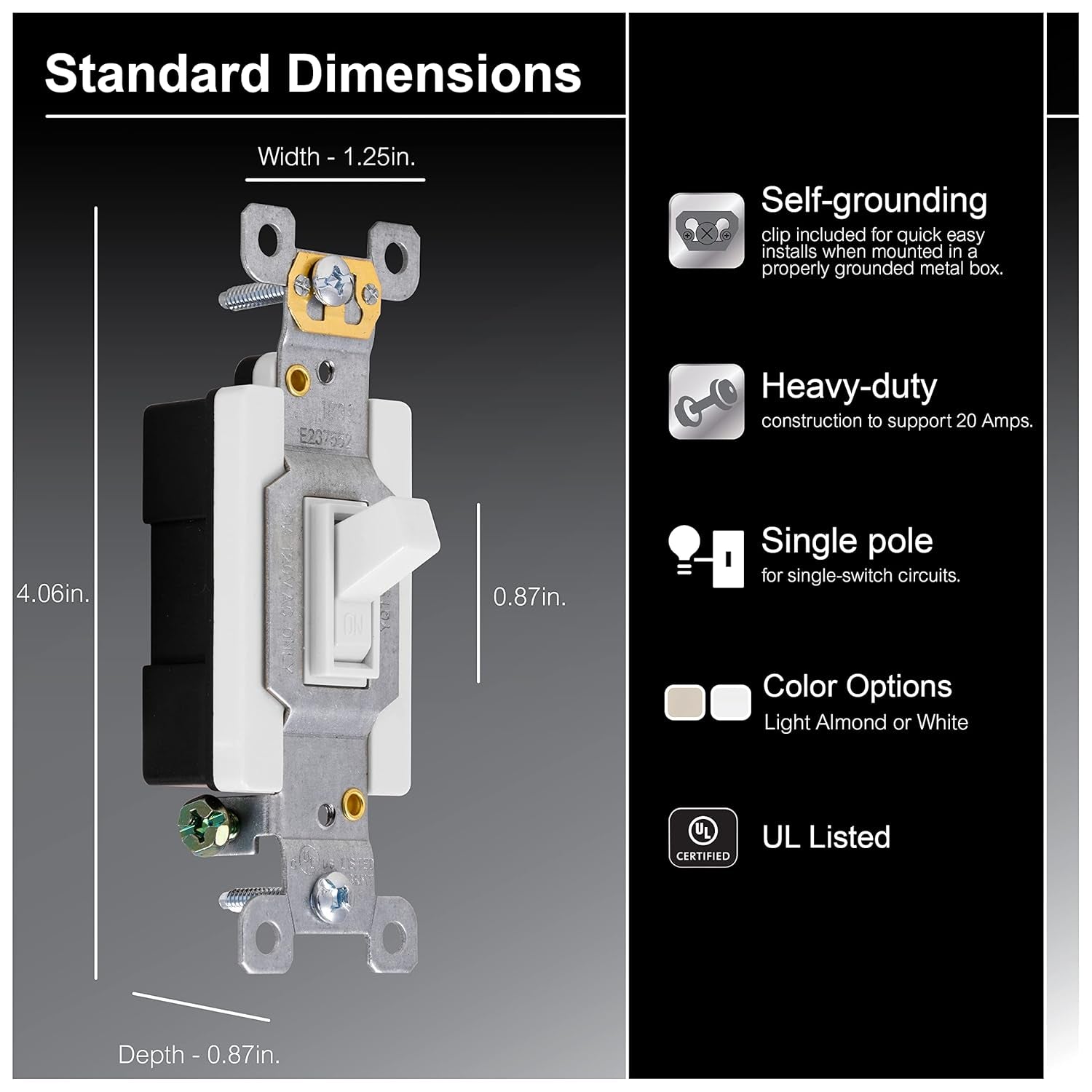 GE Heavy-Duty, Single Pole, In-Wall, Light, Fan, One Switch Circuits, Self-Grounding Clip, Easy to Install, 20A/120V AC, UL Listed, White, 42160