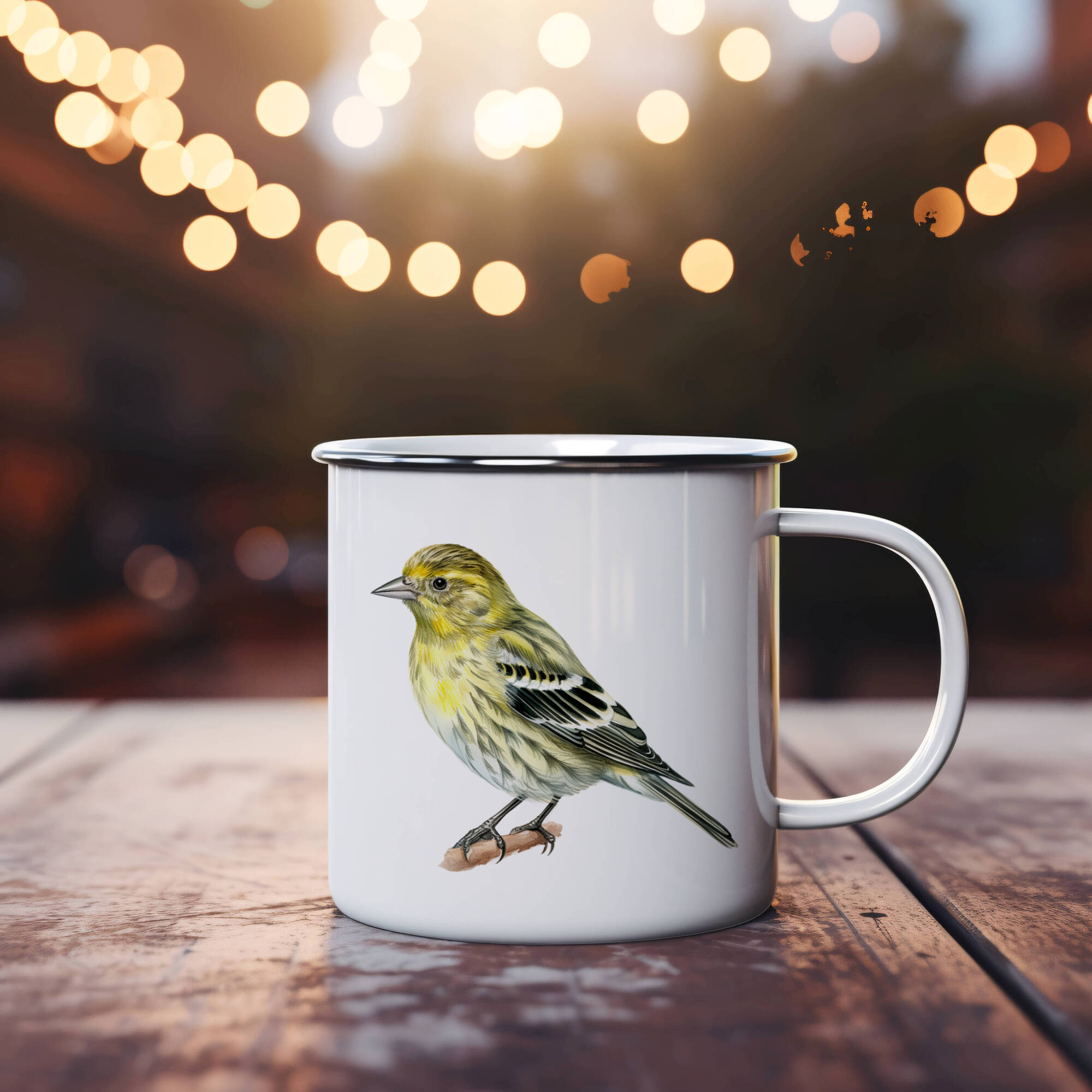 Bird Watching Mug, Pine Siskin Song Bird Camping Mug, 12oz Camping Mug, White Stainless Steel Cup with Handle