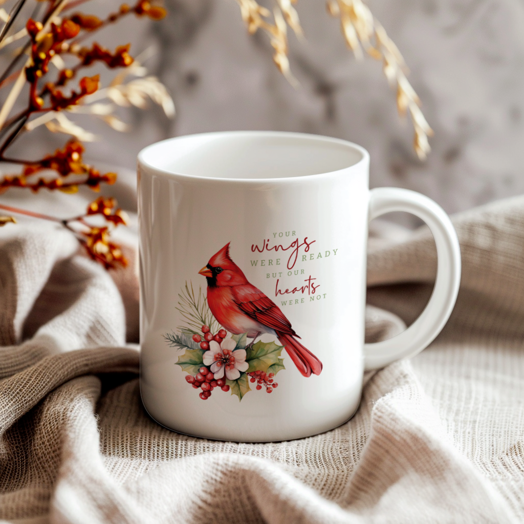 Red Cardinal Mug – Northern Red Cardinal Christmas Mug with Heartfelt Message, 11oz or 15oz White Ceramic Coffee Cup