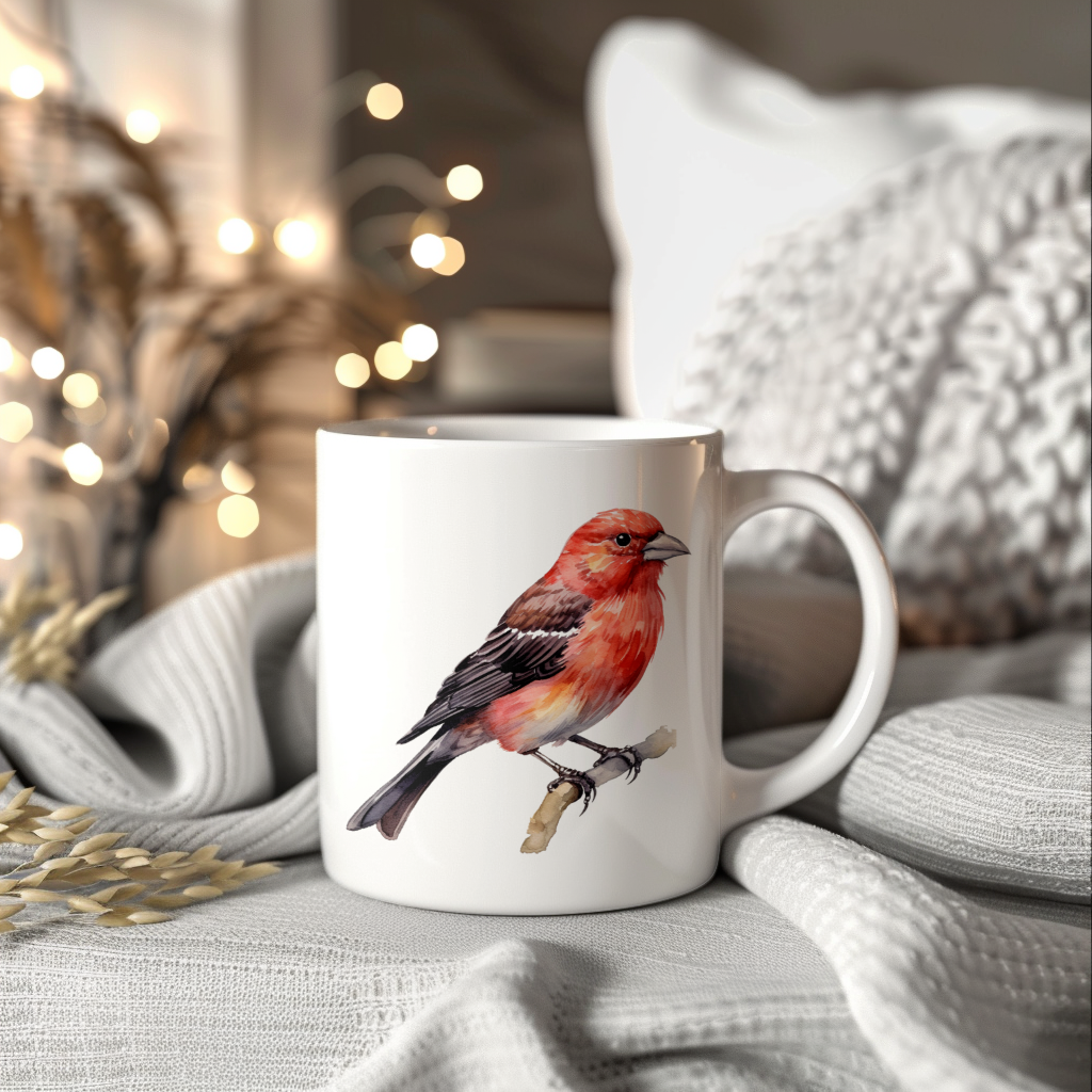 Bird Watching Mug, Red Crossbill Song Bird Mug, 11oz or 15oz White Ceramic Coffee Mug Gift for Bird Watchers