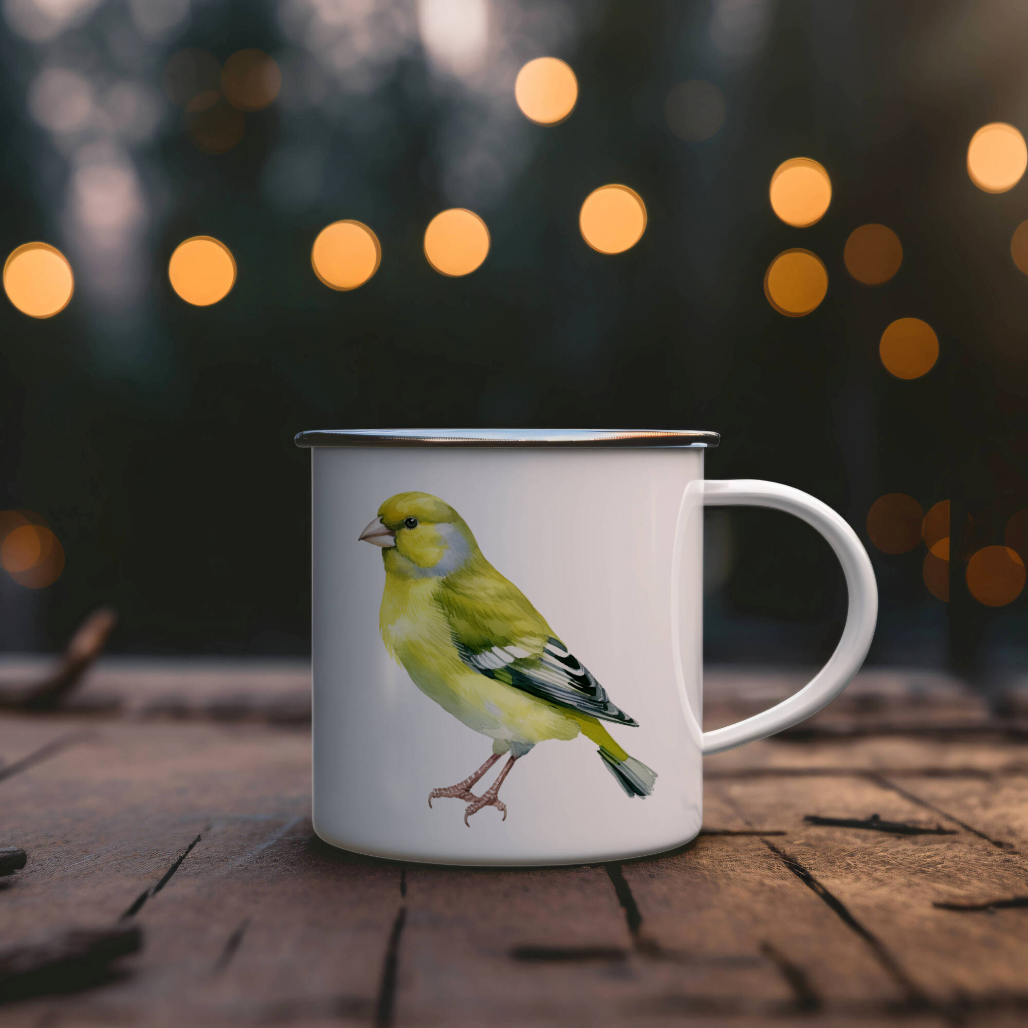 Bird Watching Mug, European Greenfinch Song Bird Camping Mug, 12oz Camping Mug, White Stainless Steel Cup with Handle