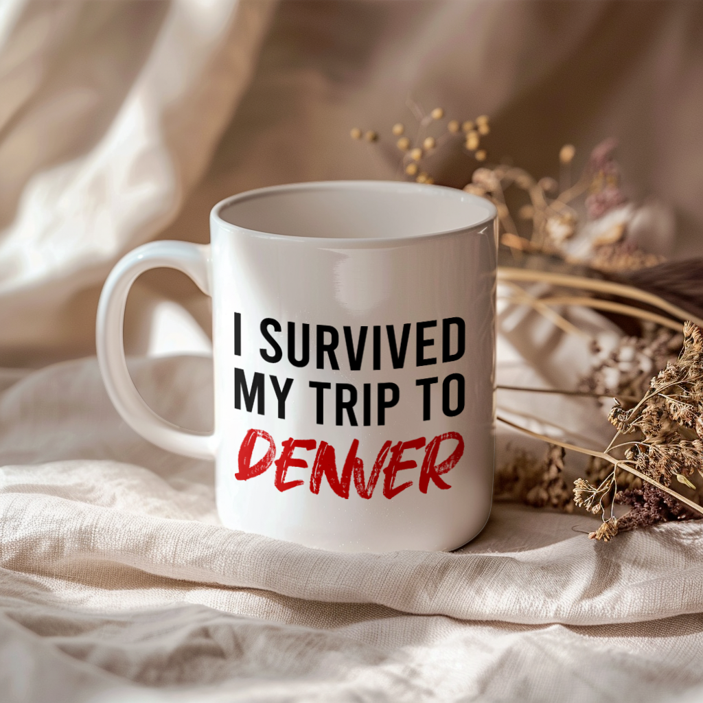 Funny Travel Mug – I Survived My Trip to Denver, 11oz or 15oz White Ceramic Coffee Mug, Novelty Travel Gift