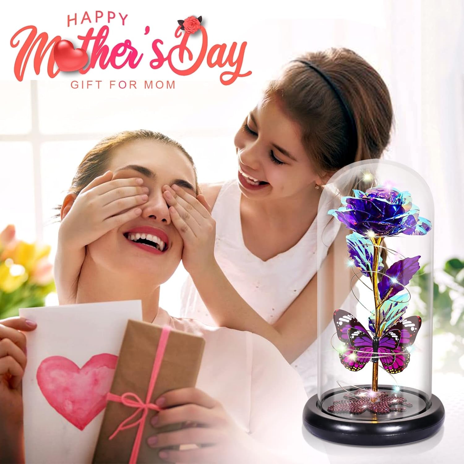 Mothers Day Flower Mom Gifts from Daughter Purple Rose Eternal Flower Light up Rose in Glass Dome with Butterfly Birthday Gifts for Women Thanksgiving Anniversary Grandma Girlfriend Wife Gift for Her