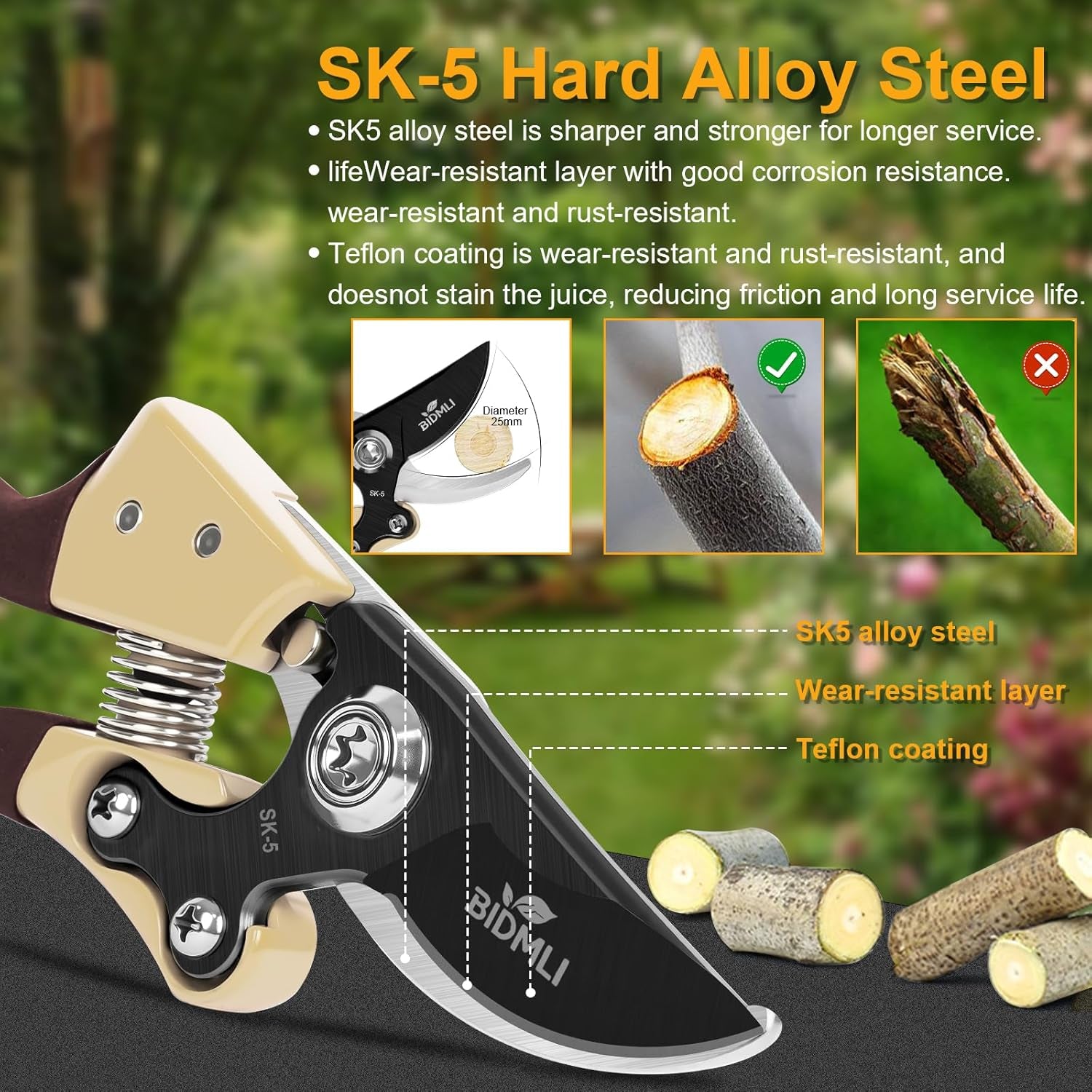 Heavy Duty Pruning Shears，Garden Scissors & Clippers with BIDMLI 8.66" SK5 Steel Blades & Aluminum Alloy Handles, Tree Branch Cutter, Ideal for Thick Branches, Dry Twigs, Flower Pruning Tool.