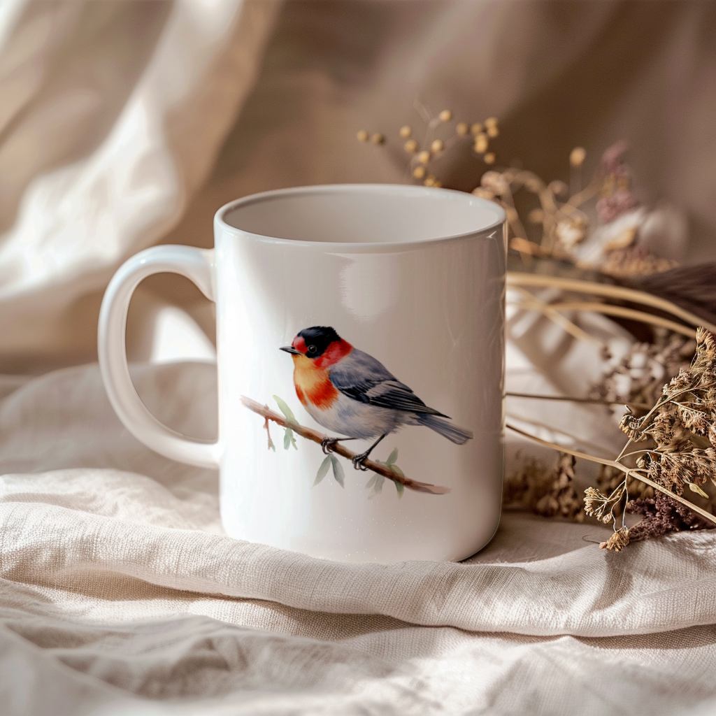 Bird Watching Mug, Red Faced Warbler Song Bird Mug, 11oz or 15oz White Ceramic Coffee Mug Gift for Bird Watchers