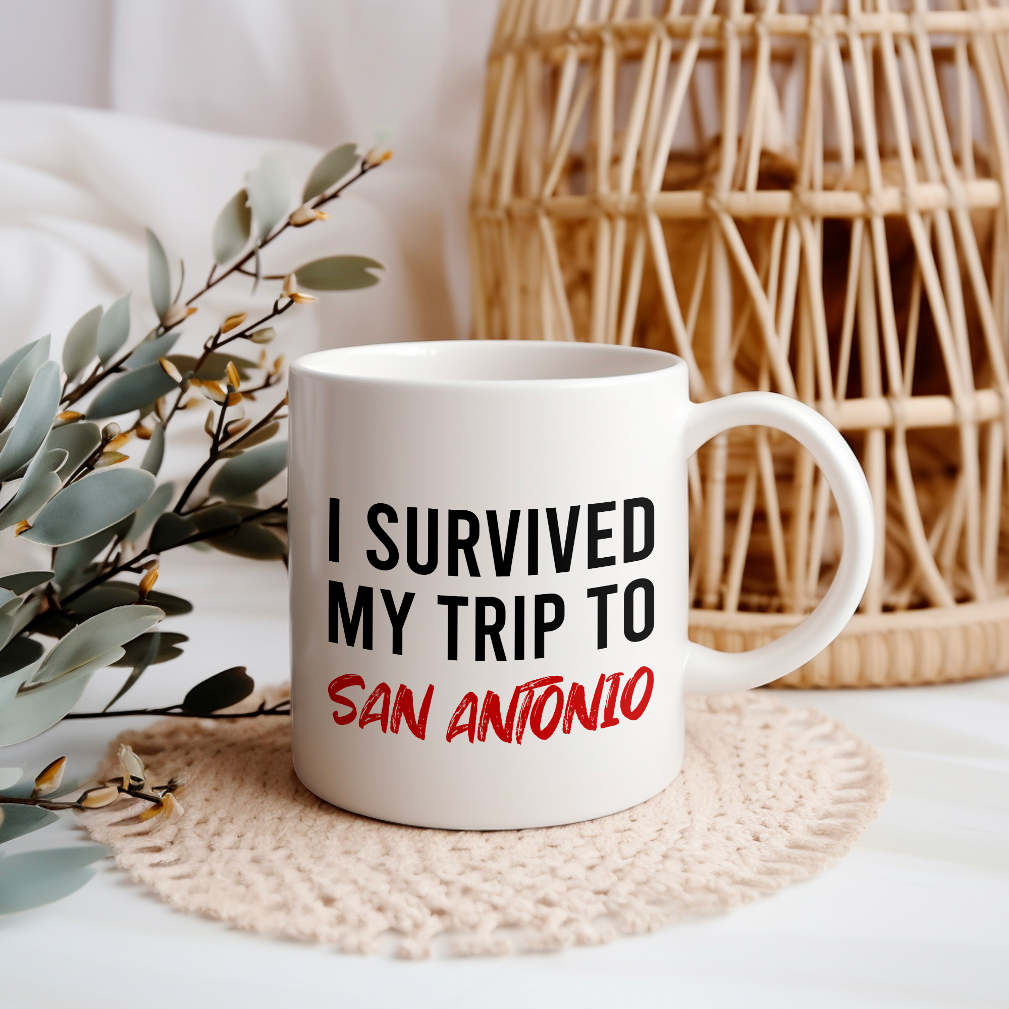 Funny Travel Mug – I Survived My Trip to San Antonio, 11oz or 15oz White Ceramic Coffee Mug, Novelty Travel Gift