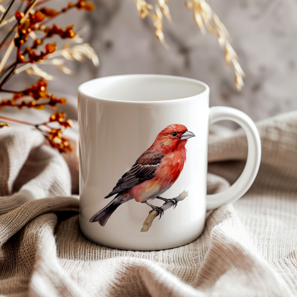 Bird Watching Mug, Red Crossbill Song Bird Mug, 11oz or 15oz White Ceramic Coffee Mug Gift for Bird Watchers