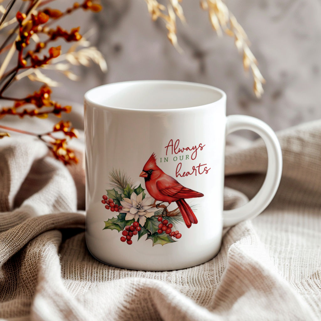 Red Cardinal Mug – Northern Red Cardinal Christmas Mug with Heartfelt Message, 11oz or 15oz White Ceramic Coffee Cup