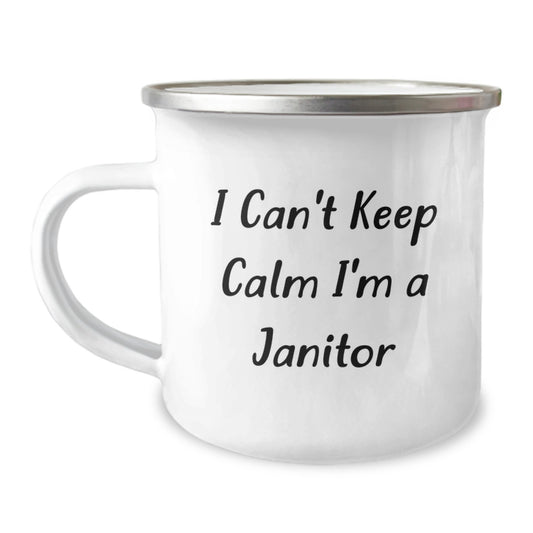 Janitor Gifts from Friends - I Can't Keep Calm I'm A Janitor Funny Camping Mug, Perfect for Janitors and Graduation, 12 oz Stainless Steel with Enamel Finish, Hand Wash Recommended - Image 1