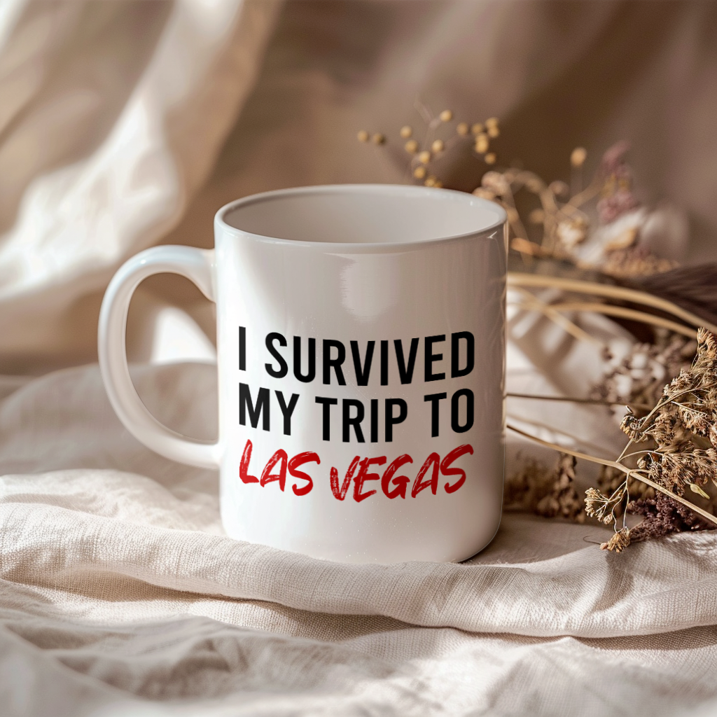 Funny Travel Mug – I Survived My Trip to Las Vegas, 11oz or 15oz White Ceramic Coffee Mug, Novelty Travel Gift
