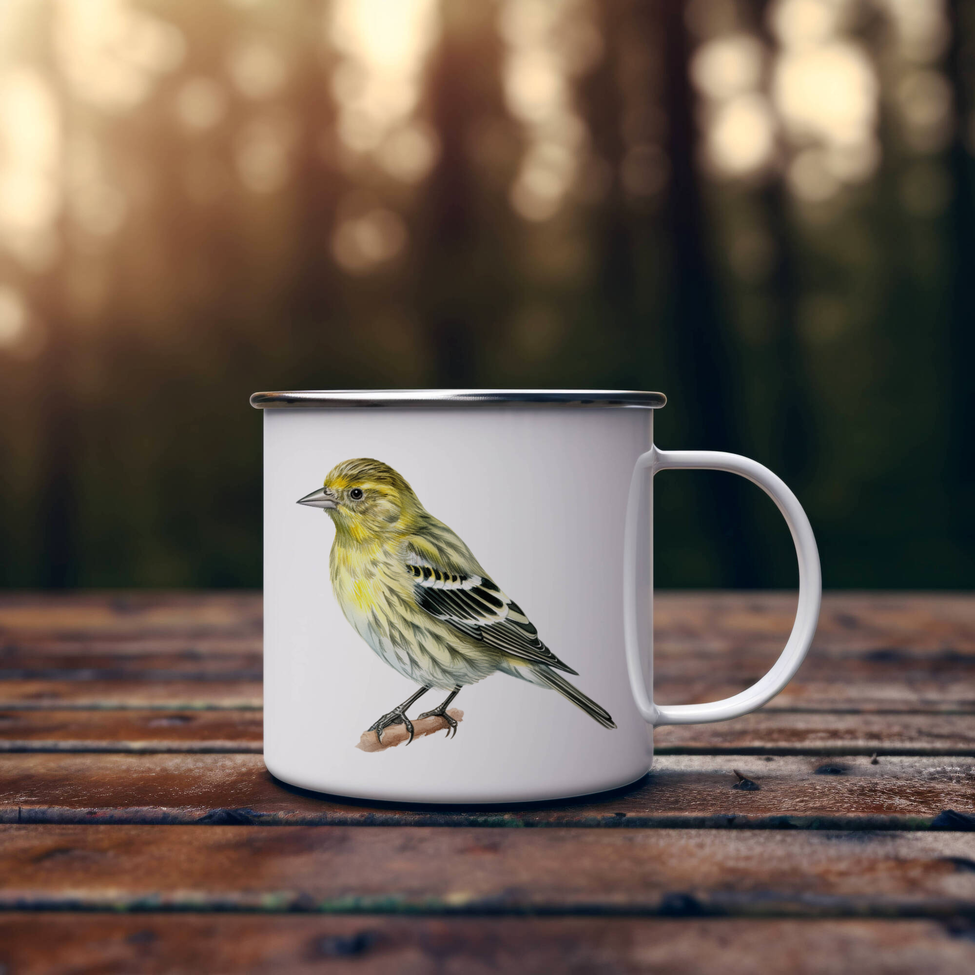Bird Watching Mug, Pine Siskin Song Bird Camping Mug, 12oz Camping Mug, White Stainless Steel Cup with Handle