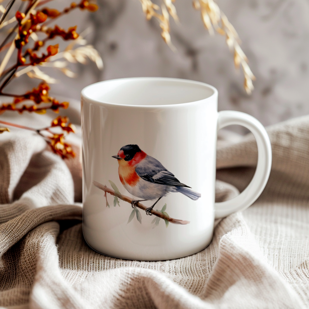 Bird Watching Mug, Red Faced Warbler Song Bird Mug, 11oz or 15oz White Ceramic Coffee Mug Gift for Bird Watchers