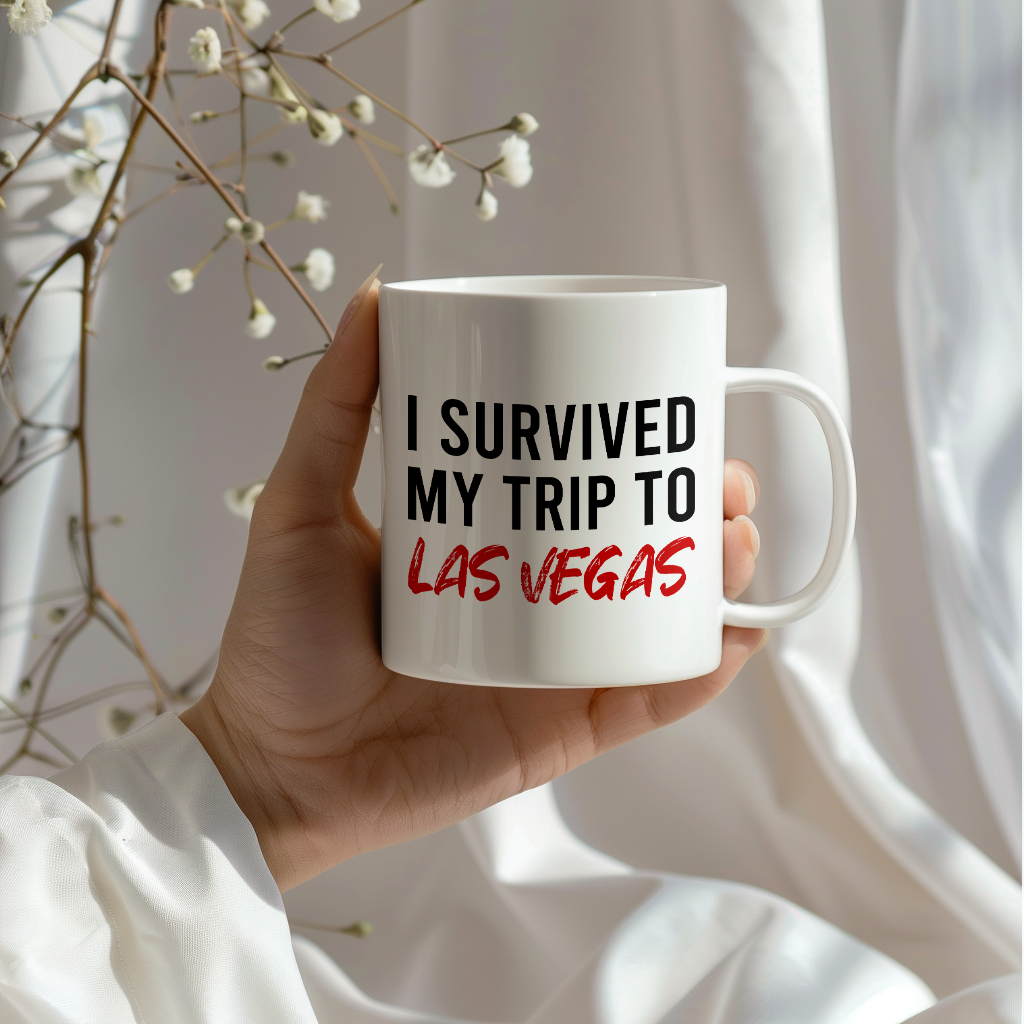 Funny Travel Mug – I Survived My Trip to Las Vegas, 11oz or 15oz White Ceramic Coffee Mug, Novelty Travel Gift