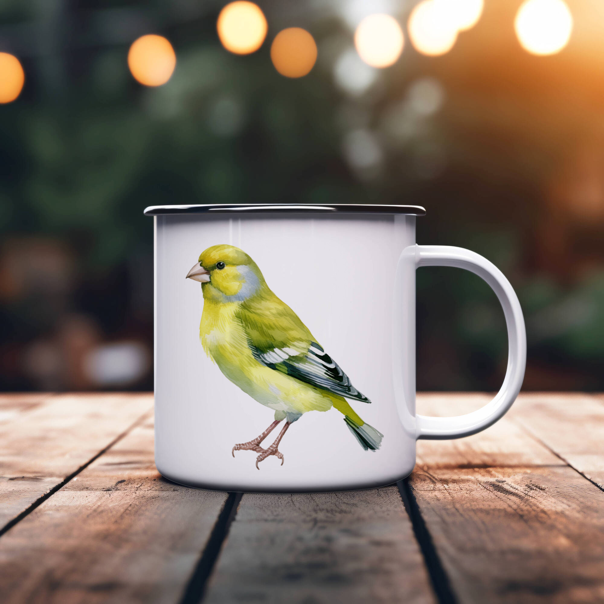 Bird Watching Mug, European Greenfinch Song Bird Camping Mug, 12oz Camping Mug, White Stainless Steel Cup with Handle