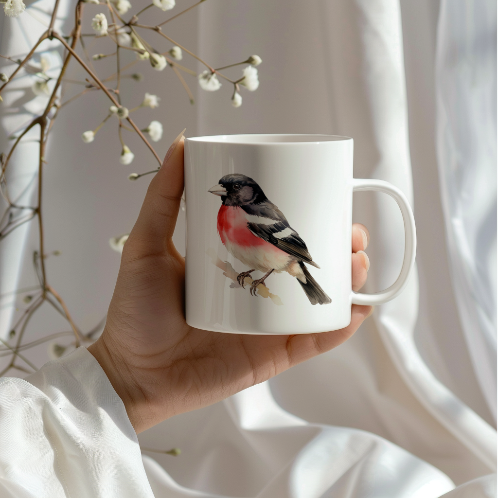 Bird Watching Mug, Rose Breasted Grosbeak Song Bird Mug, 11oz or 15oz White Ceramic Coffee Mug Gift for Bird Watchers