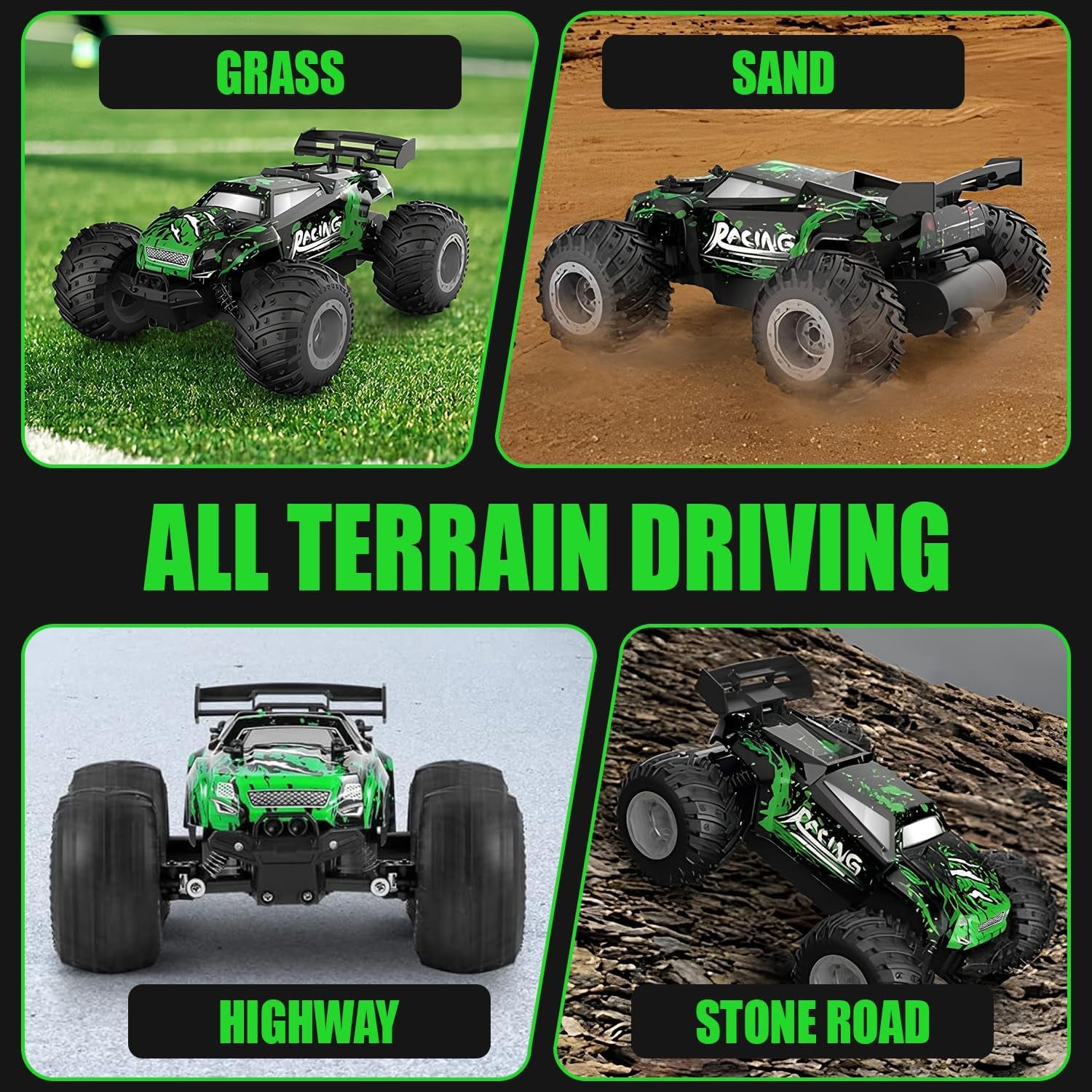 Remote Control Car, 2.4Ghz High Speed 18KM/H Monster Truck Toys, 4WD RC Car with 2 Rechargeable Batteries, 200Ft Range, 1:20 Scale All Terrain RC Cars, Toys Gifts for Kids and Adults - LED Headlights