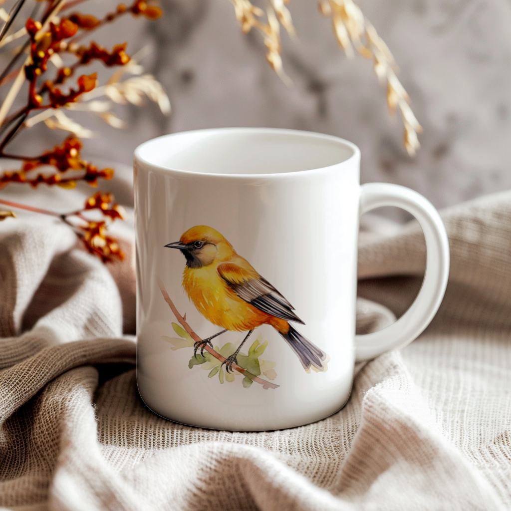 Bird Watching Mug, Orchard Oriole Song Bird Mug, 11oz or 15oz White Ceramic Coffee Mug Gift for Bird Watchers